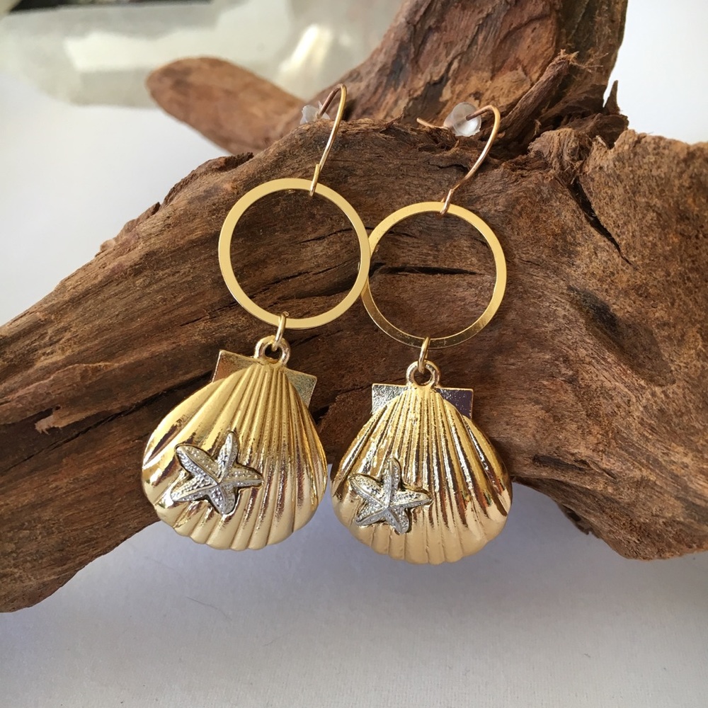Gold Tone Seashell with Silver Starfish Earrings